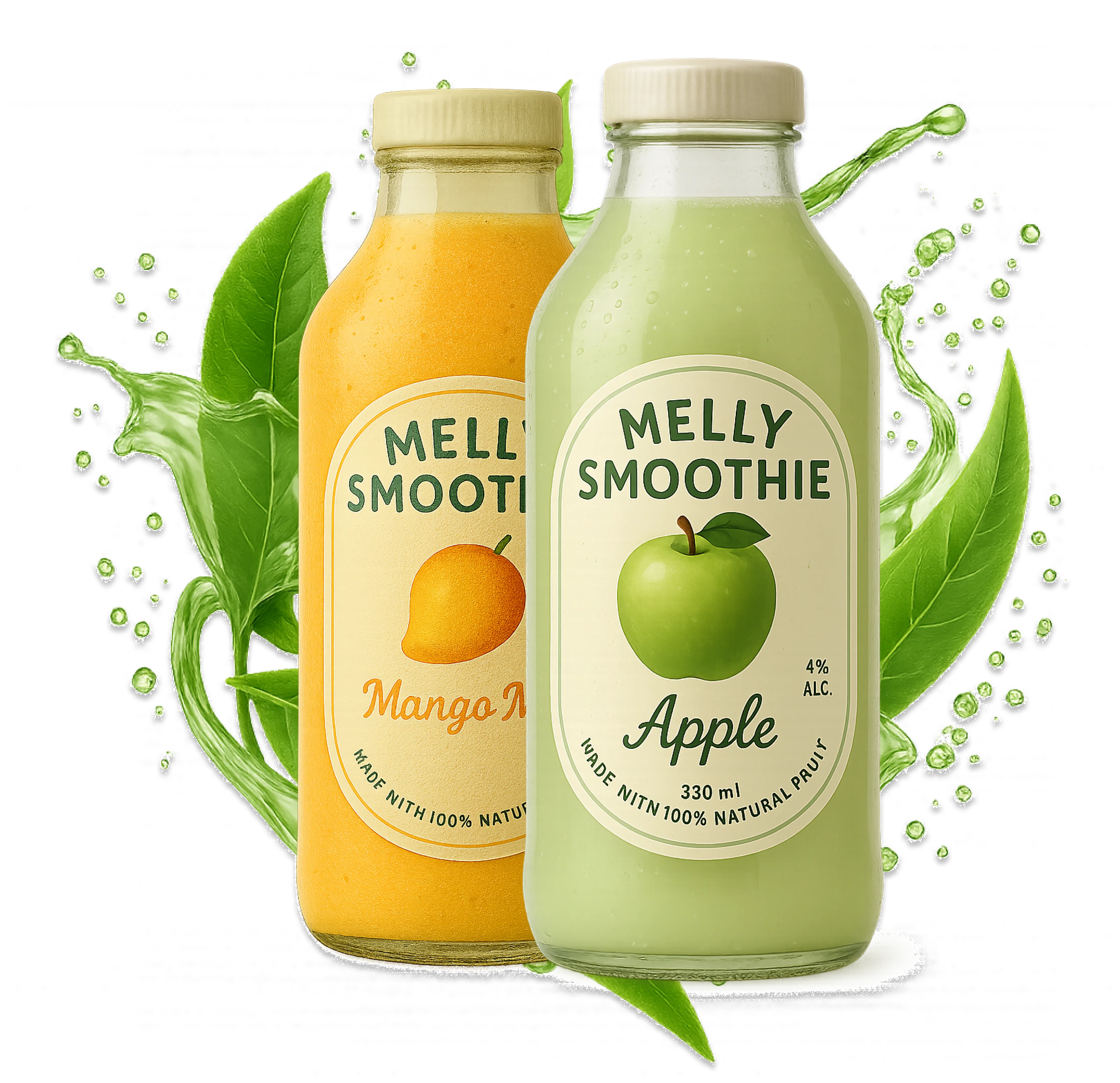 Photo d'une bouteille de Melly goût fruits exotiques avec des fruits autour